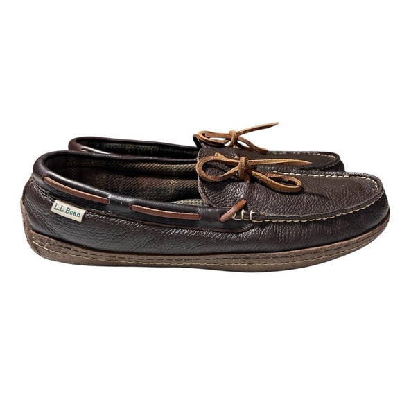 L.L. Bean Other - LL Bean HandSewn Men’s Size 11M Brown Leather Slippers Flannel Lined Moccasins